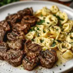 Garlic Butter Steak with Cheesy Alfredo Tortellini