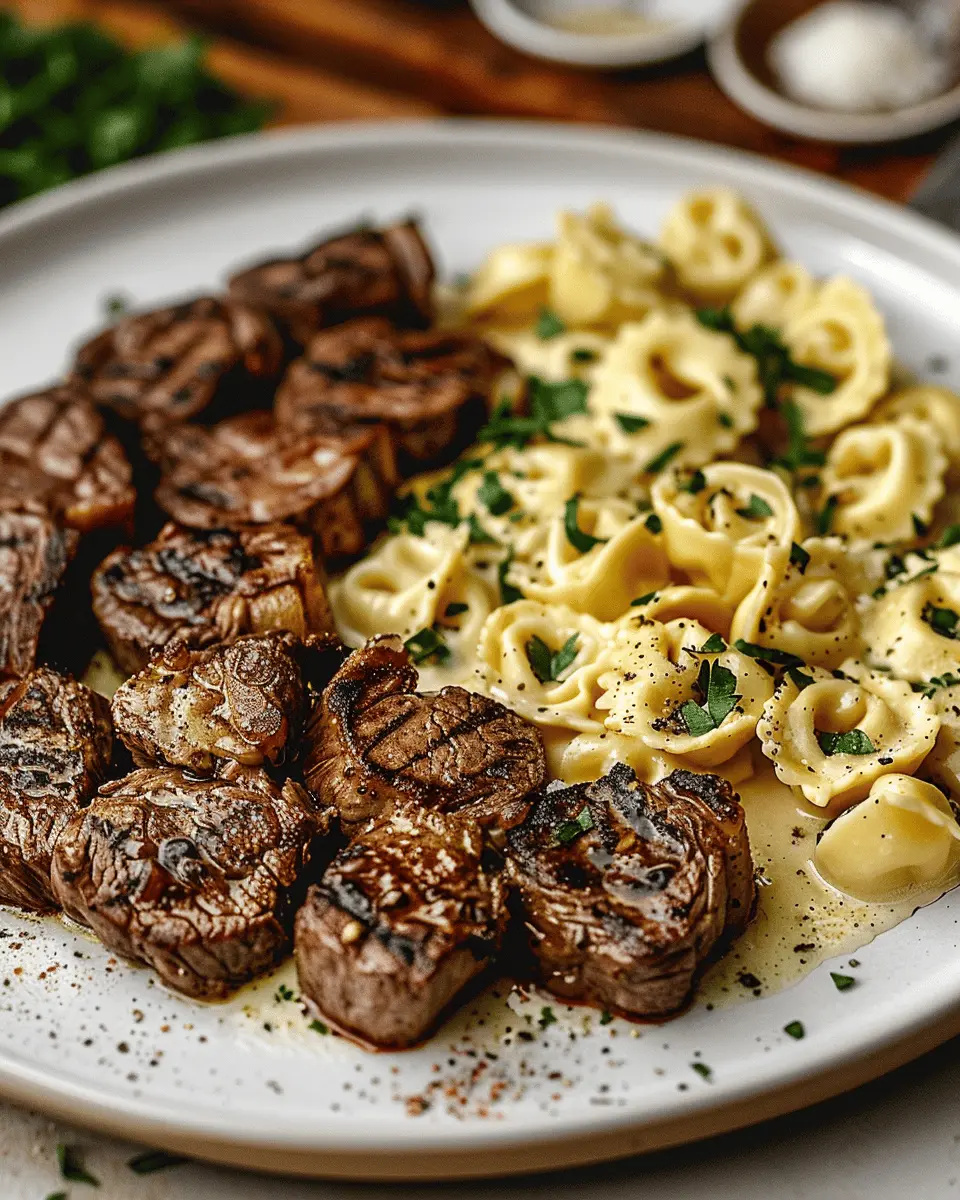 Garlic Butter Steak: Indulgent Cheesy Alfredo Tortellini Delight