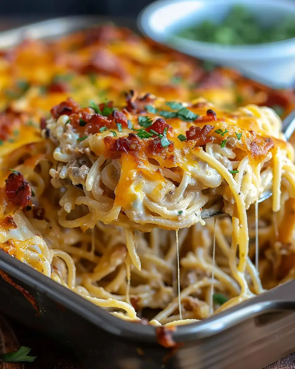 Creamy Southern Spaghetti Bake with Turkey Bacon and Chicken Ham