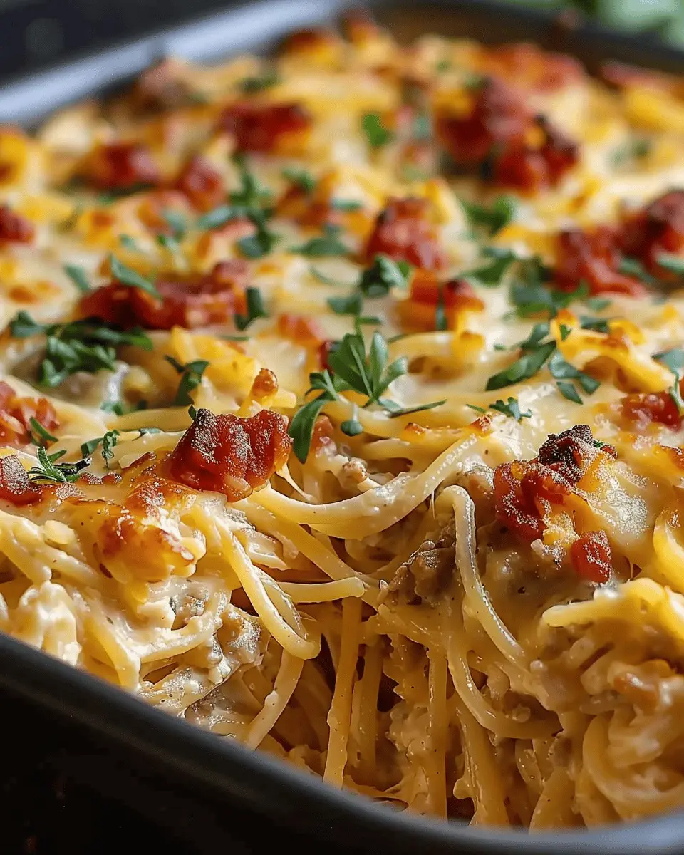 Creamy Southern Spaghetti Bake with Turkey Bacon and Chicken Ham