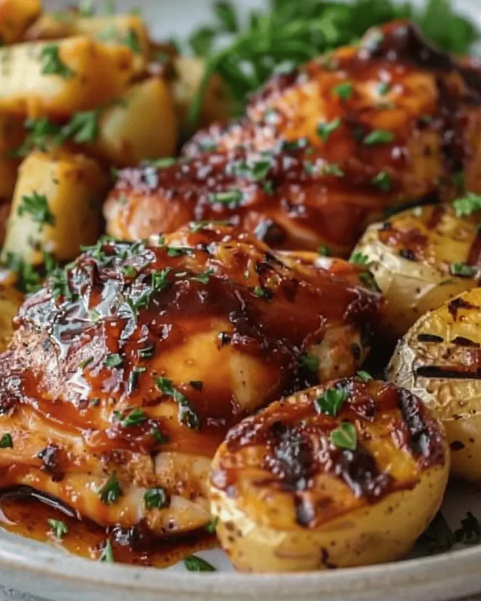 Honey BBQ Chicken with Creamy Garlic Parmesan Potatoes Delight