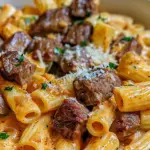 Cajun Steak Tips in Cheesy Rigatoni Parmesan Sauce