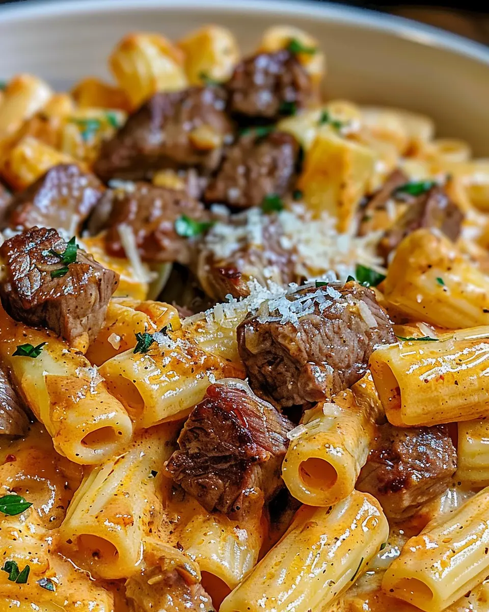 Cajun Steak Tips in Indulgent Cheesy Rigatoni Parmesan Sauce