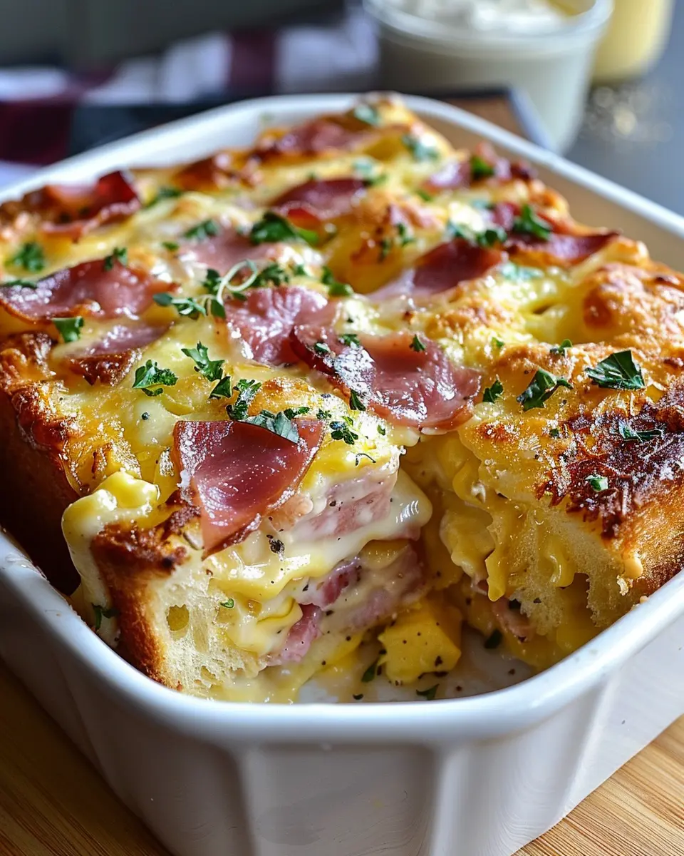 Monte Cristo Breakfast Casserole with Turkey Bacon and Chicken Ham