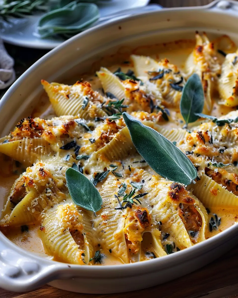 Pumpkin Gouda Stuffed Shells in Brown Butter Sage Alfredo Sauce Delight
