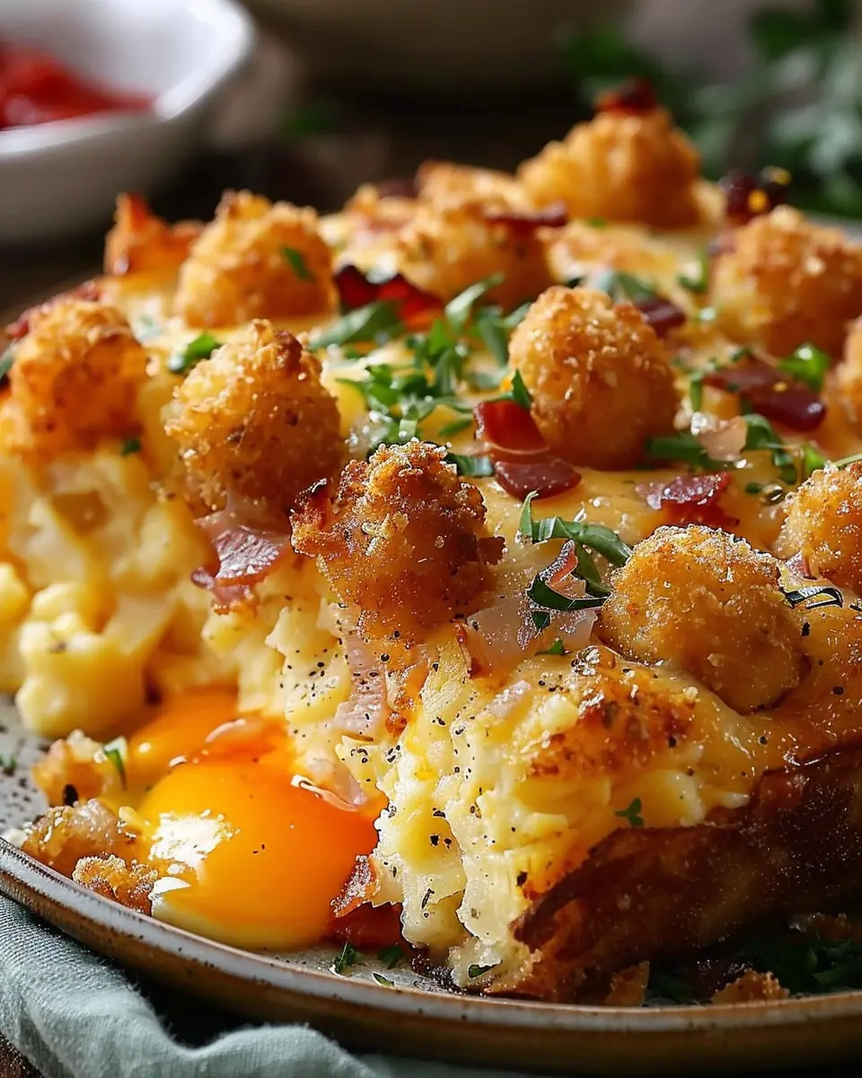 Crispy Tater Tot Breakfast Casserole with Turkey Bacon Delight