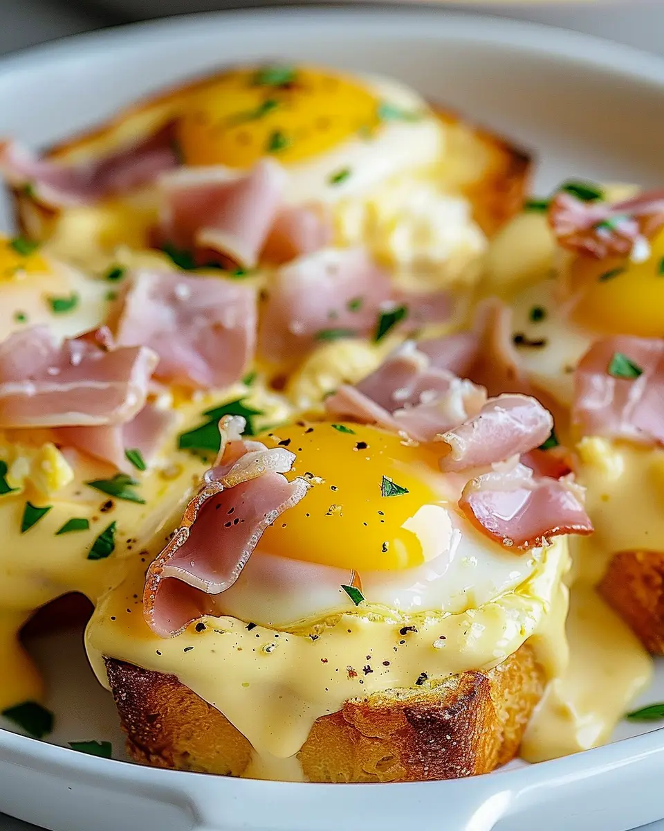 Eggs Benedict Casserole with Turkey Bacon and Chicken Ham Delight