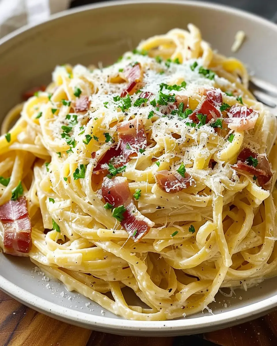 Easy Creamy Carbonara Pasta with Turkey Bacon and Chicken Ham Delight