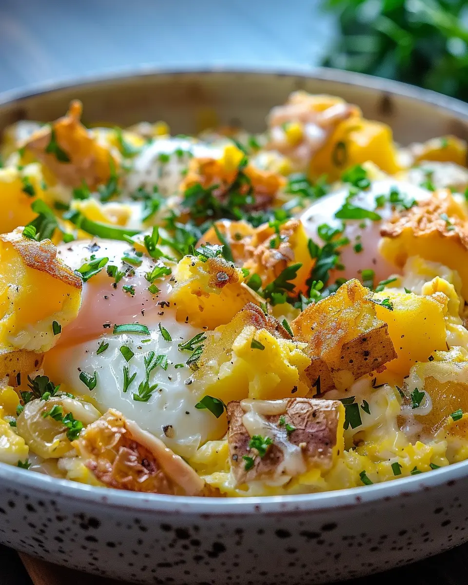 Cheesy Potato Egg Scramble with Turkey Bacon: A Cozy Breakfast Delight
