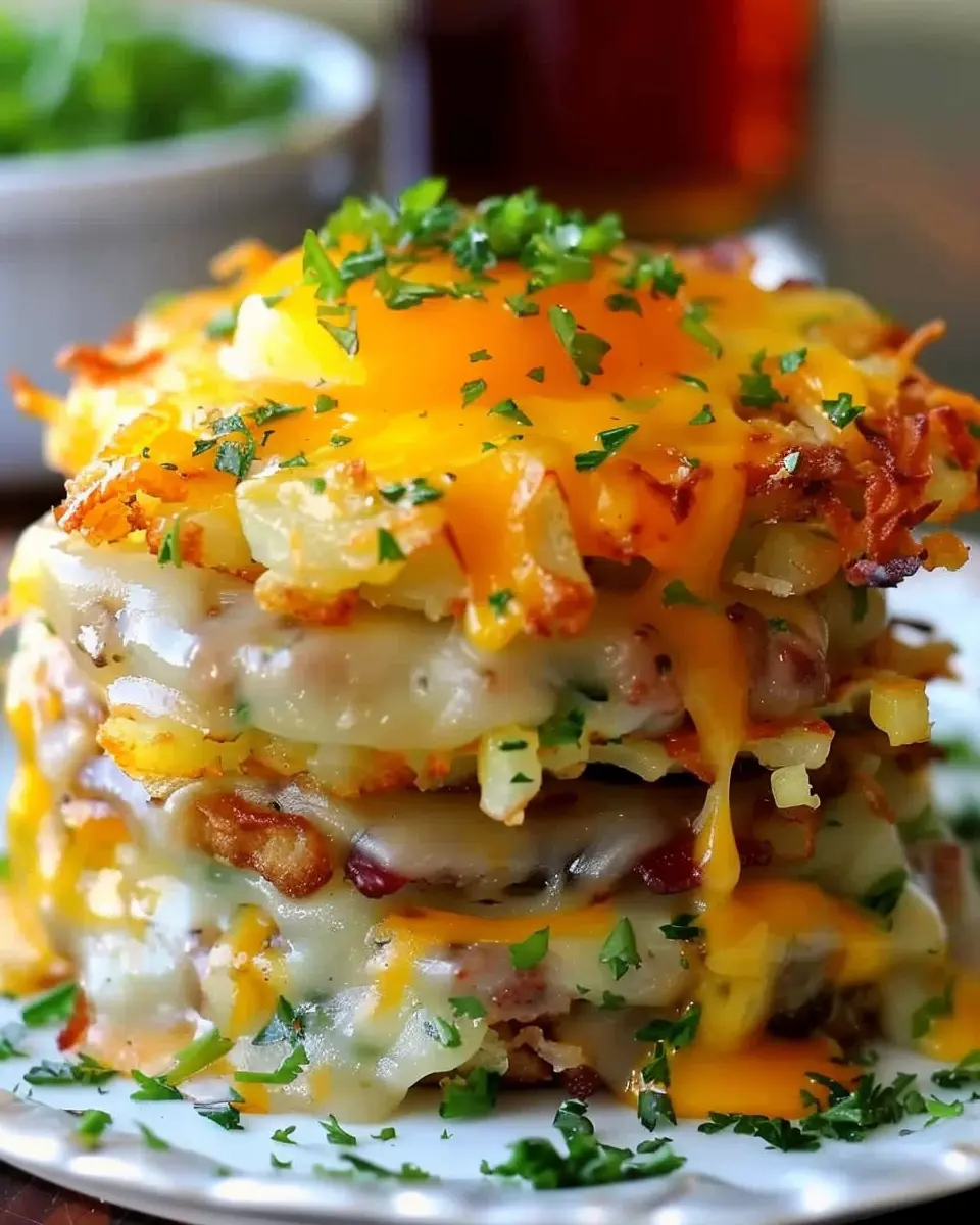 Hash Browns Breakfast Stacks with Turkey Bacon and Chicken Ham