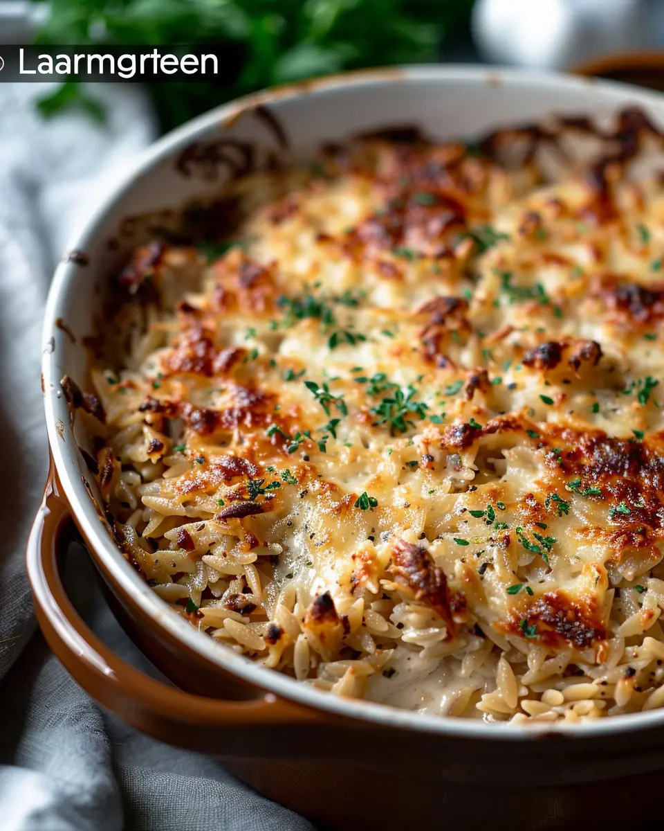 French Onion Chicken Orzo Casserole with Savory Turkey Bacon